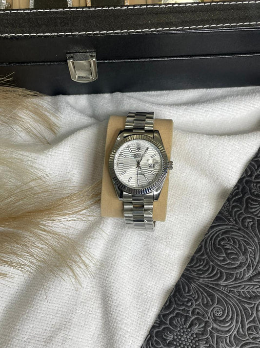 Luxury Rolex Men's Stainless Steel Replica Watch Date Just - white Dial with silver chain