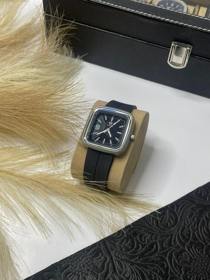 Stylish Black Tomi Square-Faced Analog Watch with silicone Strap