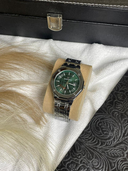 AP Silver Chain Green Dial Date-Just