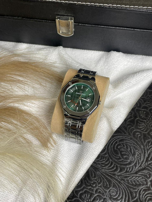 AP Silver Chain Green Dial Date-Just