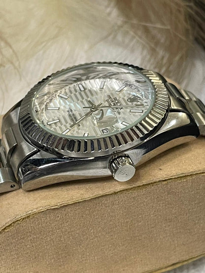 Luxury Rolex Men's Stainless Steel Replica Watch Date Just - white Dial with silver chain